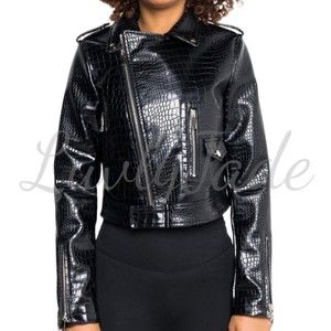 Azalea Wang Womens Faux Vegan Leather Moto Croc Jacket | Black | Size S …